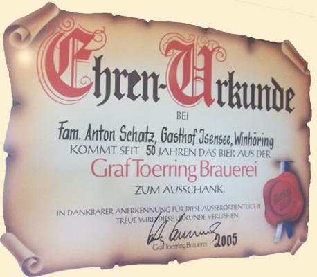 Ehren-Uhrkunde von der Graf Toerring Brauerei
